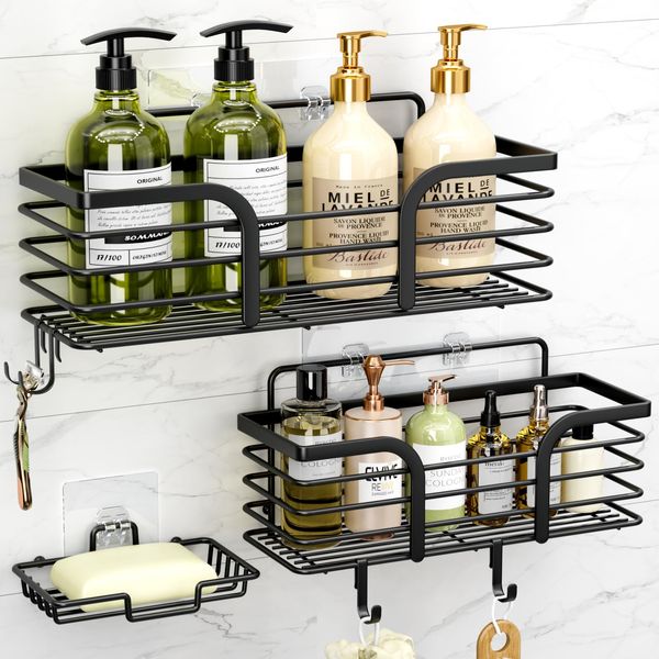 Shower Caddy, Adhesive Shower Organizer with Soap Dish and 4 Hooks, Rustproof Stainless Steel Shower Shelves, Wall Mounted No Drilling Storage Shelf Basket Accessories for Bathroom & Kitchen