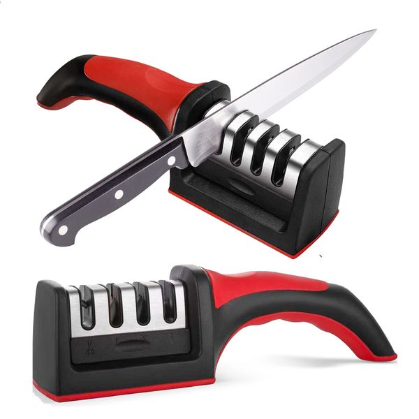 Knife Sharpeners for Kitchen Knives– Stainless Steel 4 in1 Kitchen Knife Sharpener – Ergonomic and Easy to Use Knife Sharpening Kit with 4 Stage Sharpening Slots Black