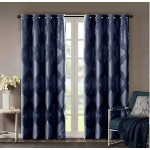 SunSmart Bentley Navy Ogee Knitted Jacquard Total Blackout Curtain Panel NWT