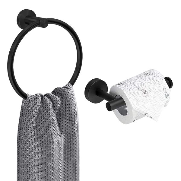 AMMIY Toilet Roll Holder Towel Ring, Wall Mounted Toilet Paper Holder, 2 Pieces Classic Stainless Steel Bathroom Accessories, Matte Black