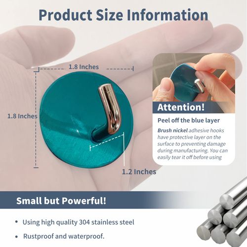 Rise age Adhesive Hooks Heavy Duty Waterproof in Shower Hooks for Hanging Loofah, Towels Clothes for Bathroom Removable Adhesive Wall Hooks Stainless Steel Brush Nickel Stick on Hooks 4 Pcs (Sliver)