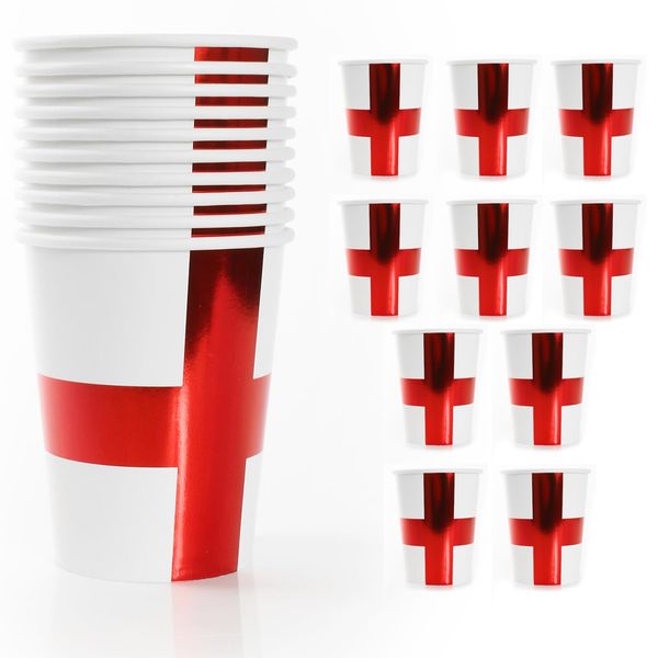 England Flag Cups - Pack of 10 White Paper Cups with Red St George's Cross - Perfect Accessory for St George's Day and Celebrating The World Cup