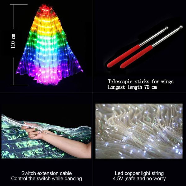 AIHANCH LED Wings Glow Angel Light Up Wings Belly Dance Costumes Isis Wings with Telescopic Sticks for Adults and Kids Stage Show Halloween Christmas (110cm for Kids)