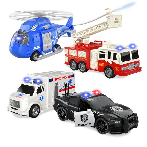 Emergency Vehicle Toy Playsets 4 Pack, Toddler Trucks Rescue Toys for Boys Age 3-5, Ambulance Car Fire Truck Play Police Car Helicopter with Light and Sound Christmas Birthday Gifts for Boys Girls