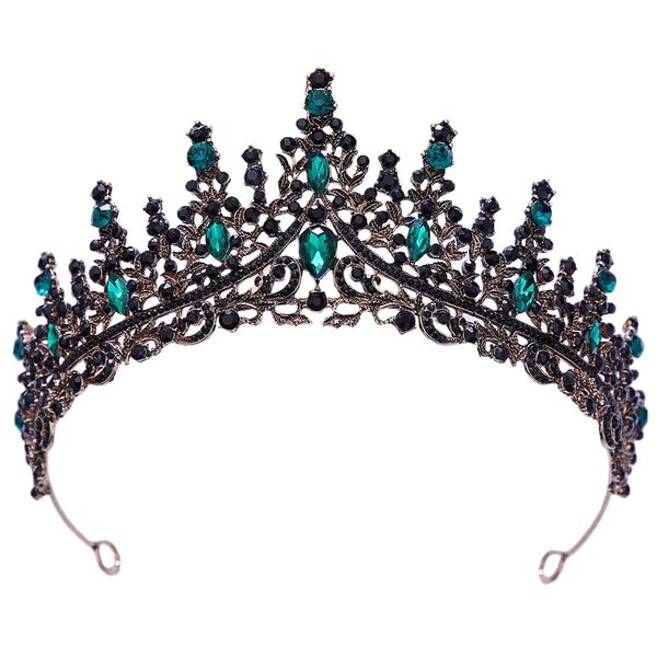 Women Black Hair Crown Vintage Wedding Tiaras Green Rhinestone Gothic Headpiece Fancy Dress Headband for Bridal Carnival Prom Halloween Birthday Christmas Party Costume Accessories