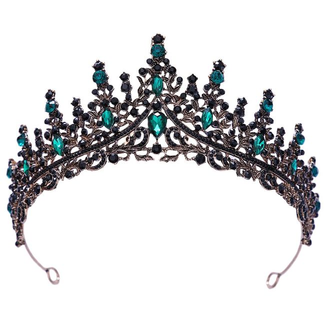 Women Black Hair Crown Vintage Wedding Tiaras Green Rhinestone Gothic Headpiece Fancy Dress Headband for Bridal Carnival Prom Halloween Birthday Christmas Party Costume Accessories