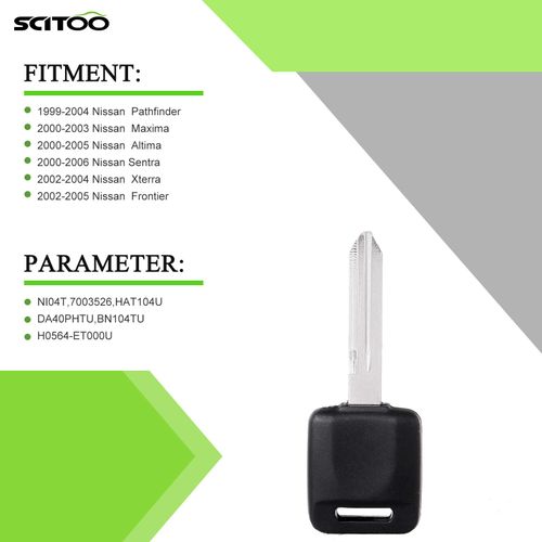 SCITOO 1 X Transponder Keys Ignition Key for Nissan Altima Rogue Sentra Versa Pathfinder Murano Maxima Xterra Frontier Quest Titan 350Z Armada Cube 1999-2012 HAT104T DA40PHTT BN104TT H0564-ET000T