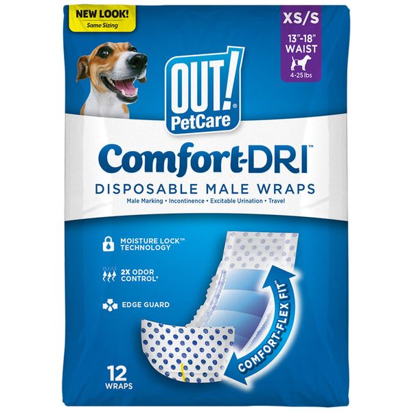 OUT! Pet Care Disposable Male Dog Diapers | Absorbent Male Wraps with Leak Proof Fit | XS/Small, 12 Count