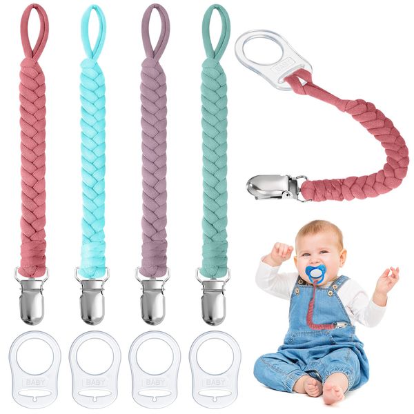 Aolso Dummy Clips Baby Pacifier Chain, 4pcs Baby Dummy Pacifier Chain with 4pcs Clip Adapter, Silicone Ring Adapter, Soother Chain Holder Straps Teething Clip for Baby Teething Toy (Pink/Blue/Green)