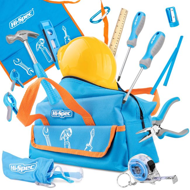 Hi-Spec 18pc Blue Kids Tool Kit Set & Child Size Tool Bag. Real Metal Hand Tools for DIY Building, Woodwork & Construction