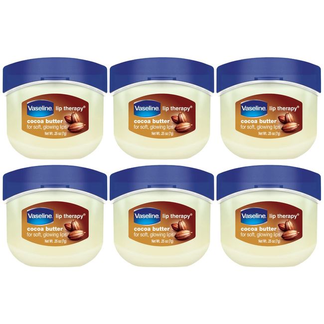Vaseline Lip Therapy Cocoa Butter Mini, White Petrolatum, Advanced Moisturizer, Relieves Dull and Dry Skin, Mini Vaseline Petroleum Jelly, Soft & Smooth Vaseline Lips (Pack of 6-0.25 Oz Ea)