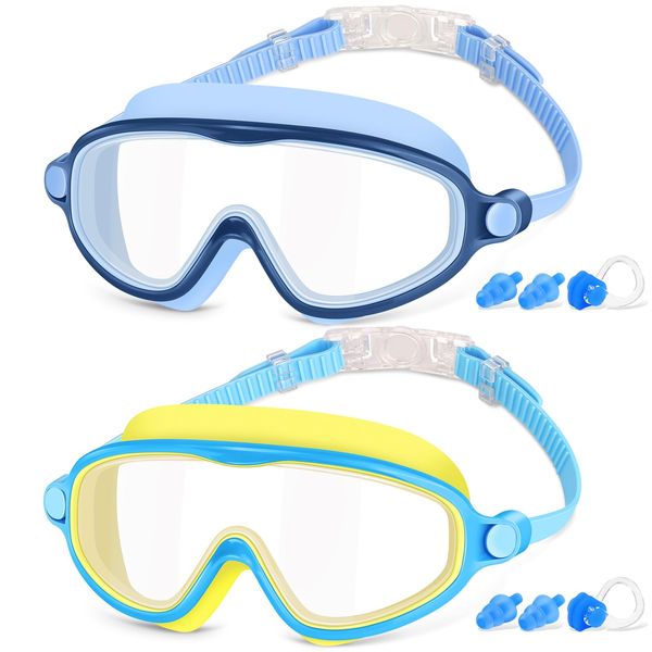 COOLOO Kids Swimming Goggles, 2 Pack Kids Swim Goggles Junior Children Girls Boys Age 3-16, Anti-Fog, Waterproof, UV Protection Lenses, Crystal Clear Wide Vision (04-Yellow+Light Blue)