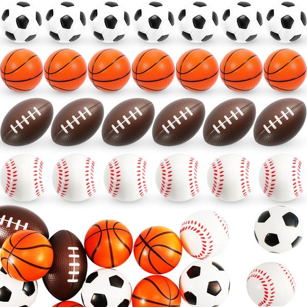 IJRPLM 26 Pcs Squeezable Stress Balls, 2.5" Mini Foam Sports Balls, Mini Stress Balls for Anxiety Relief, Mini Baseball Football Basketball Soccer Stress Toy Game Party Favors Prizes, 4 Ball Games