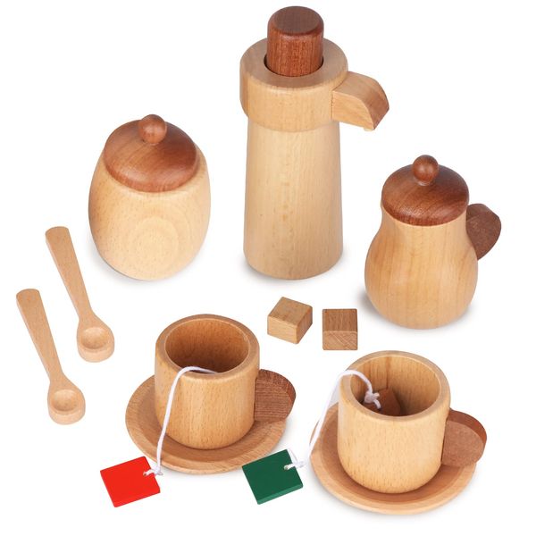 WHOHOLL Wooden Tea Set for Little Girls, Natural Wood Toys Tea Party Set, Kids Tea Set for Toddlers 1-3, Baby Play Tea Cup Set for Pretend Play, Play Kitchen Accessories with Storage Bag