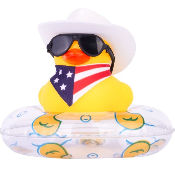 MuMyer Cowboy Car Rubber Duck Yellow Duck Dashboard Decoration Cool Duck Car Ornaments with Mini Cowboy Hat Scarf Sunglasses Necklace Swim Ring