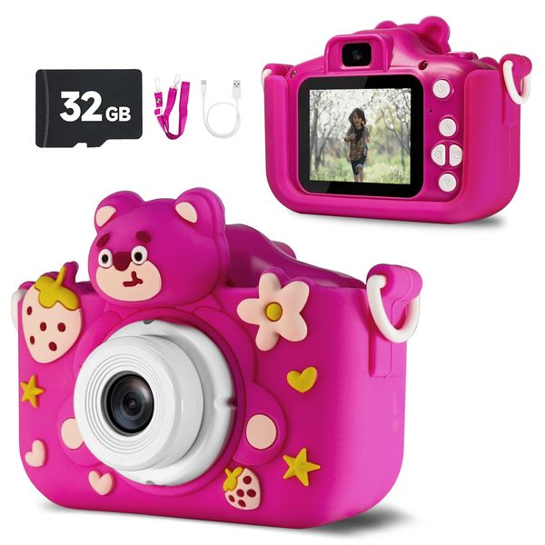 Kids Camera Toys,Kid Digital Camera for 6-12 Year Old Girls Boys,Selfie Kid Camera with Cartoon Soft Silicone Cover,HD Digital Video Camera for Kids - 32G SD Card Included (Pink)