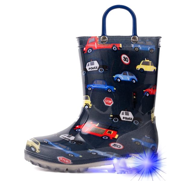 HugRain Toddler Boys Rain Boots Baby Little Kids Light Up Printed Waterproof Shoes Lightweight Rubber Adorable Fire Police Car with Easy-On Handles Non Slip(Size 10,Blue)