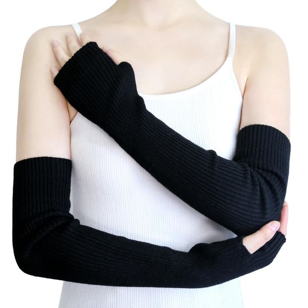 YATANAM Wool Blended Wrist Warmers Warm Fingerless Gloves Knit Soft Arm Warmers Sleeves Typing Mittens for Women (19.7''/50cm, A-black)