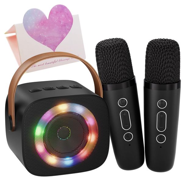 Karaoke Machine for Kids, Portable Bluetooth Mini Karaoke Microphone Singing Speaker with 2 Wireless Mic, Long Battery Life and Stereo Sound, Christmas Birthday Gifts for Family Home Party Black