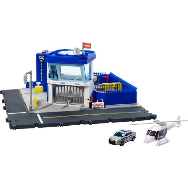 Matchbox Toy Cars Playset, Action Drivers Police Station Dispatch, 1 Toy Helicopter & 1 Ford Police Car in 1:64 Scale with Lights & Sounds