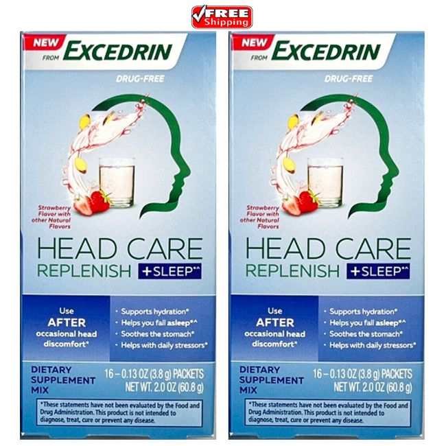 Excedrin Head Care Replenish +Sleep 16 packets per box Exp Nov 24-Lot of 2 Boxes