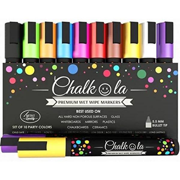 Chalkola Neon Chalk Markers for Chalkboards, Windows, Bistros, Car Glass, Boards, Mirrors (10 Pack, 6mm) Wet Wipe Erasable Liquid Chalk Pens