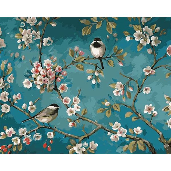 CaptainCrafts Paint by Number DIY Oil Painting Paint by Numbers Kits for Adults Beginner Canvas Acrylic Arts Craft for Home Wall Decor Drawing 16x20 Inch Magpie Love Flowers Two Birds (Frameless)