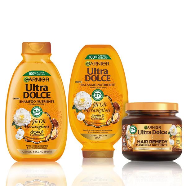 Garnier Ultra Dolce Set Wunderbare Öle, Argan & Camelia, Routine Shampoo 300 ml + Balsam 250 ml + Maske 340 ml, für trockenes und ausgeschaltetes Haar