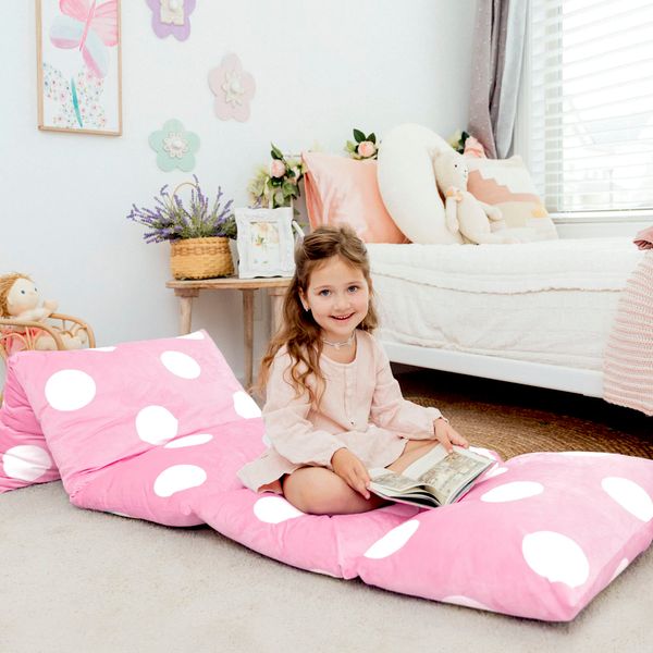 Butterfly Craze Floor Pillow Case, Mattress Bed Lounger Cover, Polka Pink, Queen, Cozy Seating Solution for Kids & Adults, Recliner Cushion, Perfect For Reading, TV Time, Sleepovers, & Toddler Nap Mat