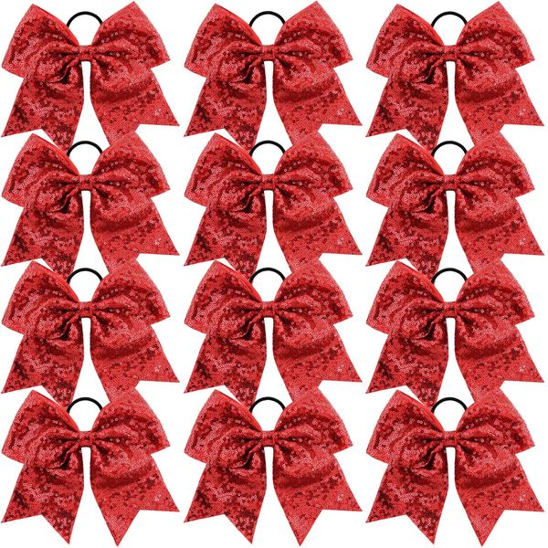 12 Pieces 8 Inch Red Cheer Bows Glitter Jumbo Cheerleading Bow with Elastic Ponytail Holder Bow Hair Tie Band Hair Accessories for School Girls Toddlers