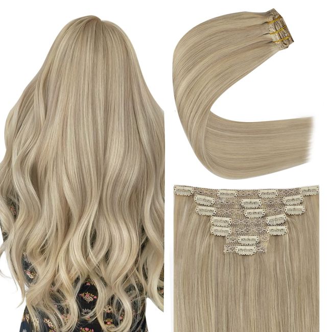 YoungSee Clip in Hair Extensions Real Human Hair Blonde 20 Inch Blonde Clip in Hair Extensions Highlights Dark Ash Blonde with Golden Blonde Hair Extensions Clip in Human Hair 7 Pcs 120G