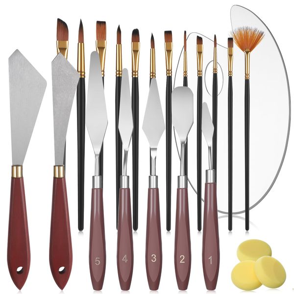 Lanties 23 Pcs Palette Knife Set Includes 12 Pcs Art Paint Brushes 7 Pcs Stainless Steel Spatula Painting Knives 3 Pcs Sponges and Acrylic Paint Palette for Oil Canvas Acrylic Painting Accessories