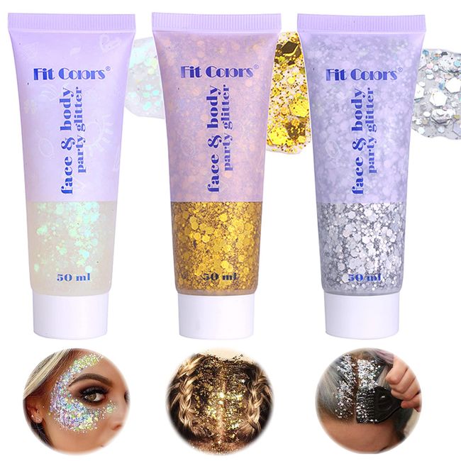 Miioto Glitzer Fix Gel, Körperglitzer, Glitzer Gesicht Gel, Body Glitter Gel,Meerjungfrau Pailletten Chunky für Gesicht Nägel Augen Lippen Haare Körper für Festival Party Gesicht Make-up,3 Bottle (B)