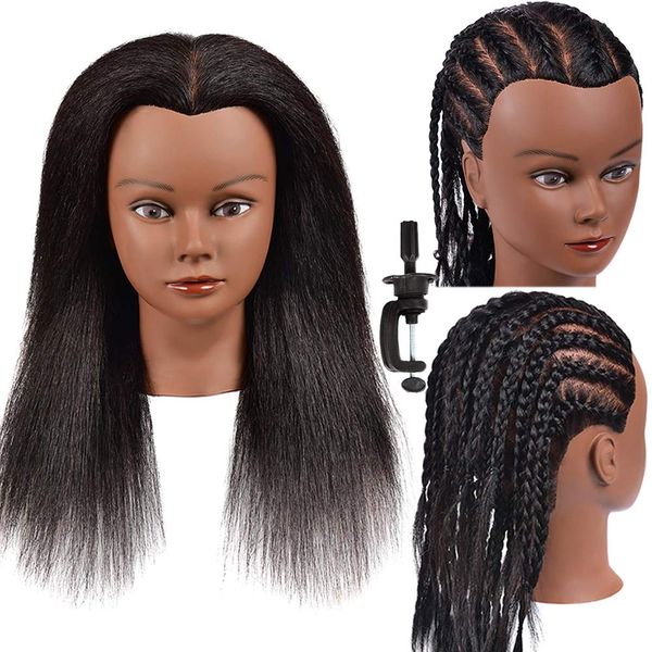 100% Real Hair Mannequin Head Manikin Cosmetology Doll Head for Hairdresser Practice Braiding Hair Styling with Clamp stand (14Inch,Black)