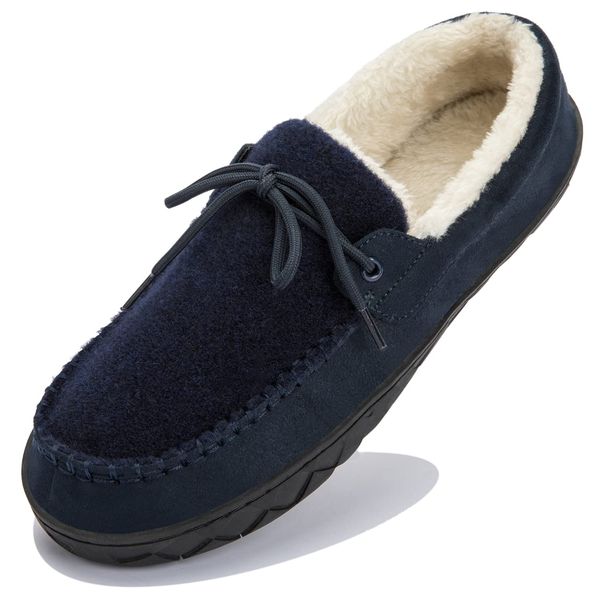 deenor Men's Room Shoes, Moccasin, Boa Included, Warm, Cold Protection, Slippers, For Winter, Lightweight, Anti-Slip, Washable, Slip-On, Easy To Put On Winter Sandals, Indoor/Outdoor Shoes, navy