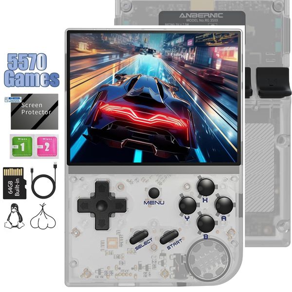 RG35XX Retro Gaming Consoles with 64G TF Card RG35XX Handheld Game Console Dual System Linux+Garlic Classic Emulator Hand Held Gaming Console with 6900 Games Support HDMI TV Output White