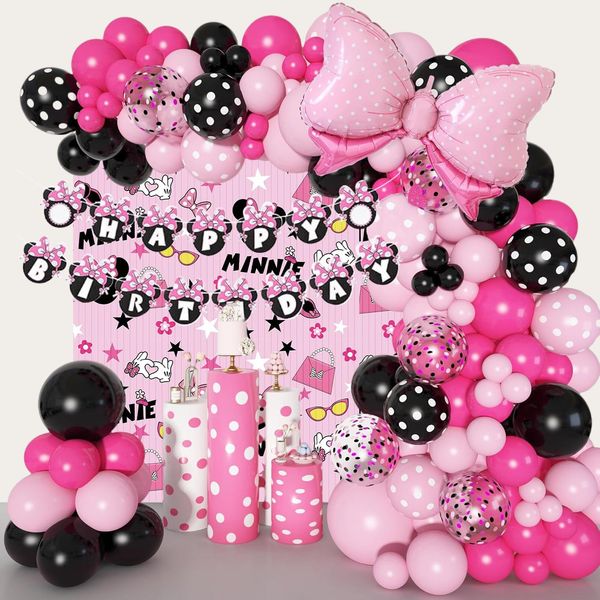 Cartoon Mouse Balloon Arch 125pcs Pink Mouse Birthday Decorations-Pink Black Balloon Garland, Birthday Banner, Mouse Theme Foil Fringe Curtains For Mouse Birthday Party Supplies