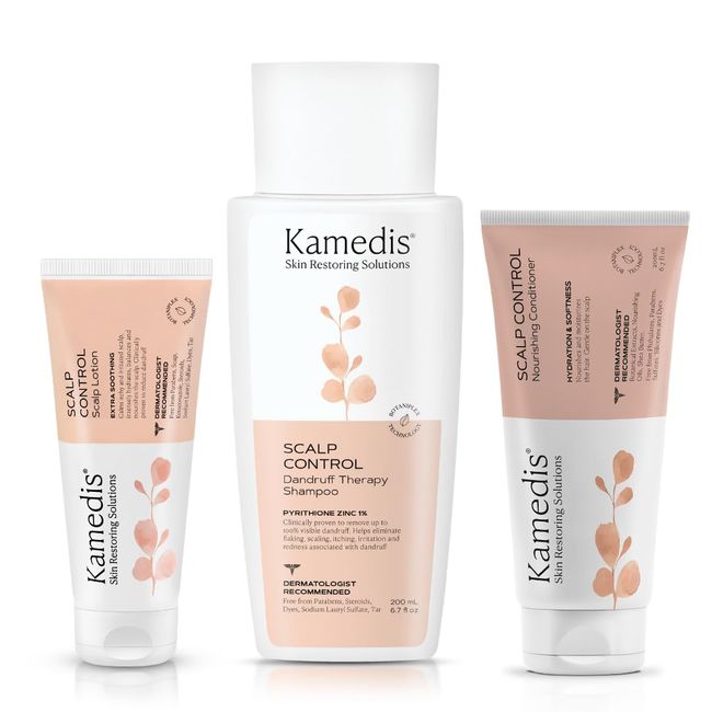 KAMEDIS Clinically Proven Anti-Dandruff Shampoo, Leave-On Over-Night Scalp Lotion & Hair Conditioner Set. Treatment For Dry, Itchy, Flaky & Sensitive Scalp. Dermatologist Recommended Hair & Scalp Kit