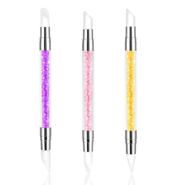 3 Pcs Nail Art Sculpture Pen, Dual Tipped Silicone Nail Tools, Silicone Head Acrylic Handle Nail Art Brushes, Rhinestone Nail Polish Carving Pen, Nail Art Tools for Home Salon(Yellow, Pink, Purple)