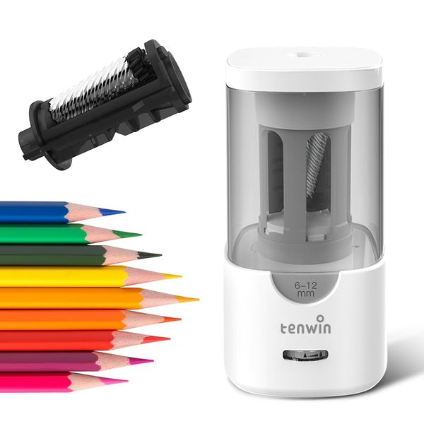 Tenwin Electric Pencil Sharpener, Pencil Sharpener, AC Adapter, 0.2-0.5 inch (6-12 mm) Pencils, Colored Pencils, Anti-Sharpener, Anti-Sharpener, Lead Tip Adjustment Function, For Kids, Schools, Office Use, White