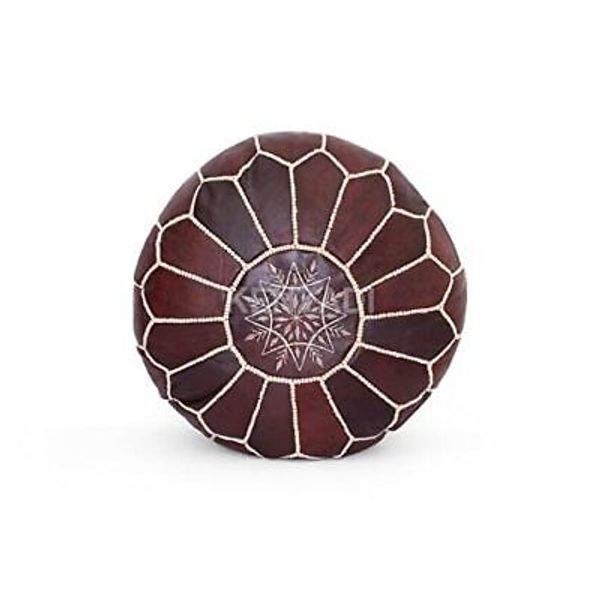 Genuine Leather Ottoman Pouf Cover Hand Stitched in Marrakech by Dark Brown