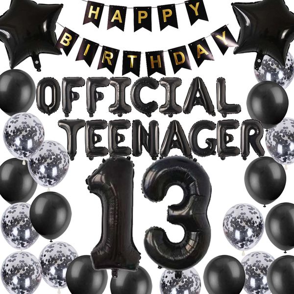 Official Teenager 13th Birthday Decorations Black for Boys, 13th Birthday Banner Black Number 13 Birthday Star Foil Balloons 13th Birthday Confetti Balloons for Boys 13 Years Old Birthday(Black)