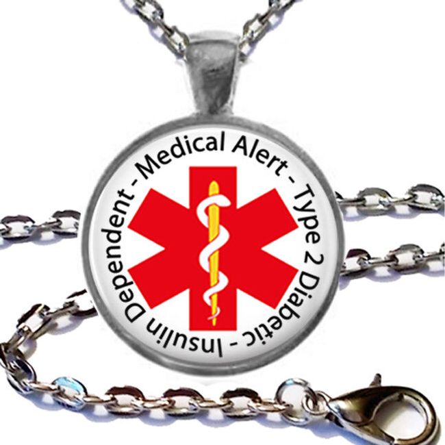 Type 2 Diabetic Insulin Dependent Medical Alert Necklace Glass Top Pendant Chain