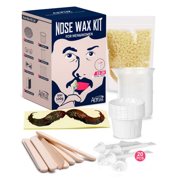 ANRUZ Nose Waxing kit with 100g Nose Wax Beads,Nose Hair Wax Kit with 10 Wooden Spatula, 20 Applicators and 10 Paper Cup- Painless & Safe Nose Hair Re