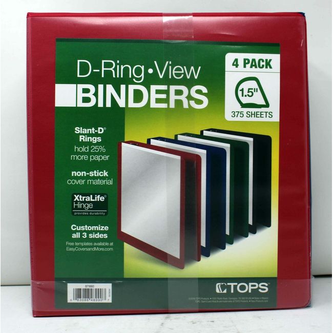 Tops D-Ring Slant View Binders Assorted 1.5 Inch 4 Pack