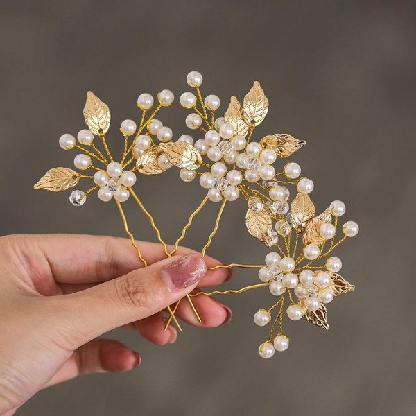 Heread Pearl Bride Wedding Hair Pins Leaf Bridal Head Piece Flower Hair Accessories for Women and Girls (Pack of 3) (Gold)