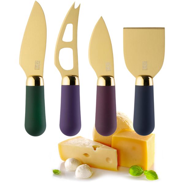 4 Piece Cheese Knife Set - Stylish And Coloureful Cheese Knives Gift Set. Ergonomic Soft Grip Knife Handles & Classic, Gold Coloured Stainless Steel Blades, Extra Sharp And Sturdy. 10 Year Guarantee.