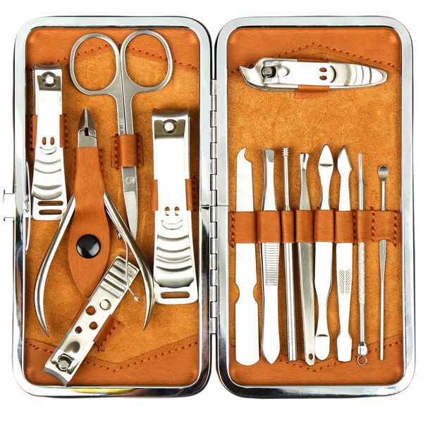 H&S Nail Clippers Set for Men & Women - 14 pcs Manicure & Pedicure Sets for Feet - Stainless Steel Travel Nails Care Kit - Cuticle Remover & Clipper w/Leather Case