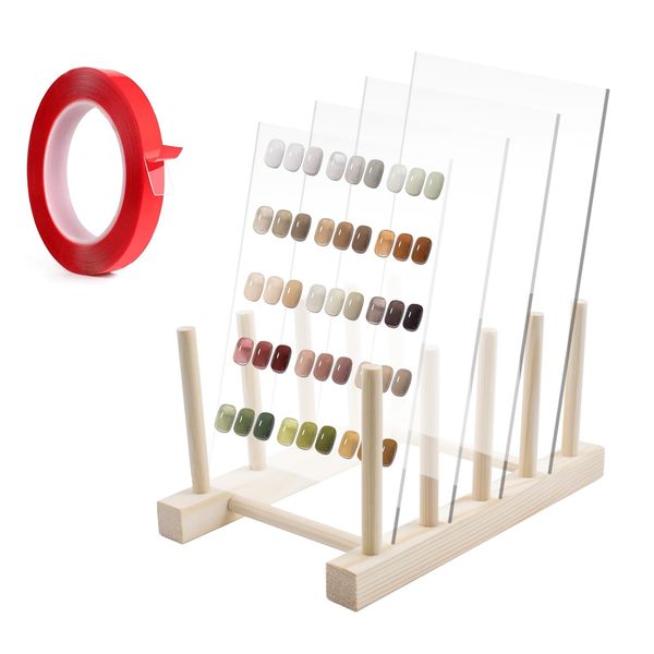 QoTang 4 PCS Transparent Nail Art Display Board with Wooden Display Holder, Acrylic Display Polish Board with Double Sided Tape False Nail Tips Sample Display Holder Nail Color Nail Practice Board