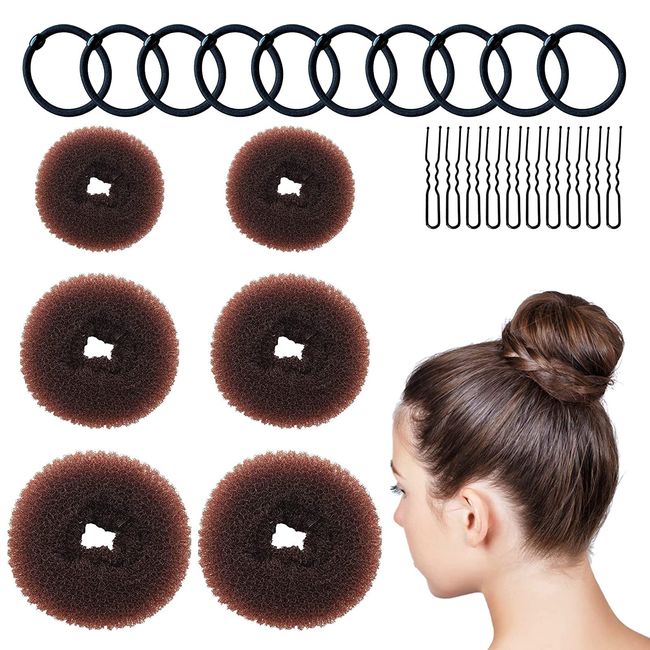 6 Stück Duttkissen, Donut Hair Bun Maker Set mit 10 Elastische Haarband und 10 u-förmige Haarnadeln, VEGCOO Duttkissen klein und groß Nylon Haardonut braun Dutt Hilfe für Kinder Mädchen